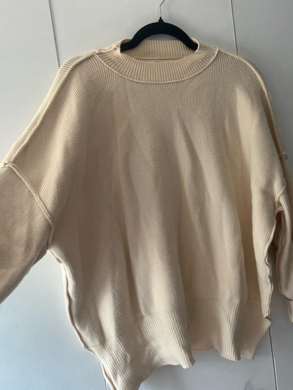 Relaxed Cream Rib-Knit Crewneck Sweater